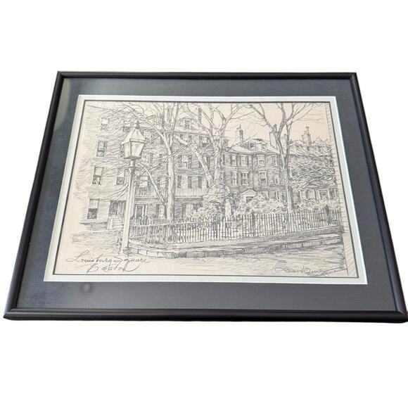Framed Louisburg Square Boston Signed Drawing Print Art Ruzicka Style Historic - Picture 1 of 7